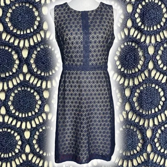 Melonie T Dresses | Crochet Lace Dress 8 Melonie T Navy Nude Overlay Sleeveless Knee Length Office | Color: Blue/Cream | Size: 8 | Buttersword's